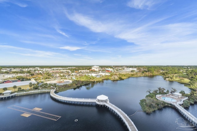 drone / aerial view featuring a water view