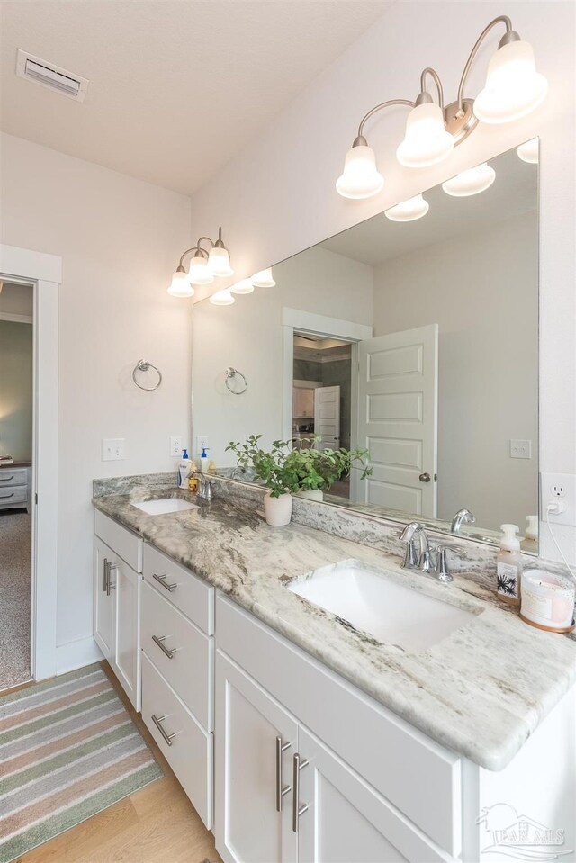 bathroom with hardwood / wood-style floors and vanity