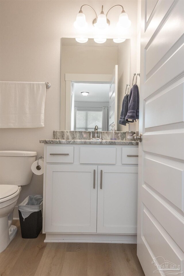 bathroom with vanity, hardwood / wood-style flooring, and toilet