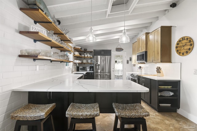 kitchen with pendant lighting, a kitchen breakfast bar, vaulted ceiling with beams, kitchen peninsula, and stainless steel appliances