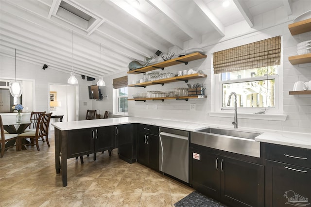 kitchen featuring vaulted ceiling with beams, light stone counters, stainless steel dishwasher, pendant lighting, and decorative backsplash