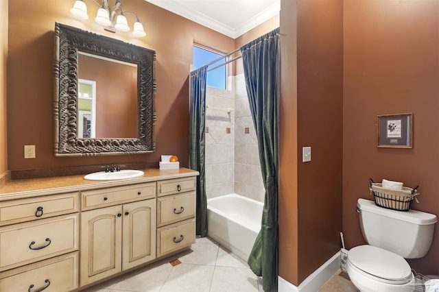 full bathroom with shower / bathtub combination with curtain, tile patterned flooring, toilet, vanity, and ornamental molding