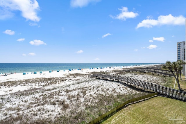 property view of water featuring a beach view