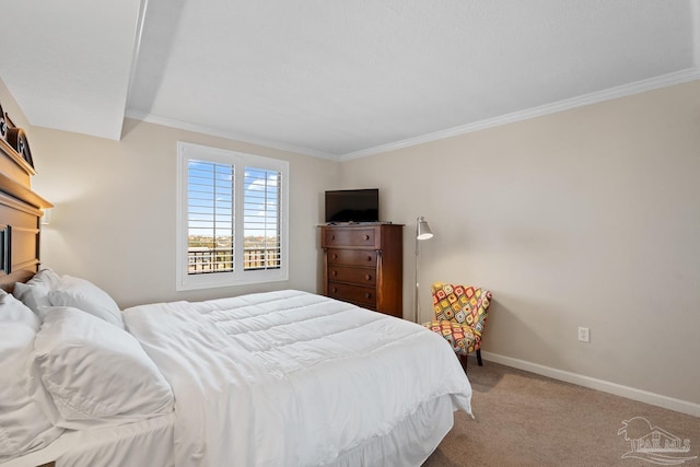 carpeted bedroom with crown molding