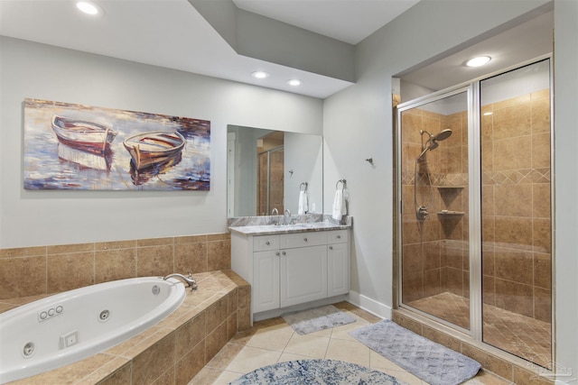 full bathroom with recessed lighting, a shower stall, vanity, tile patterned flooring, and a tub with jets