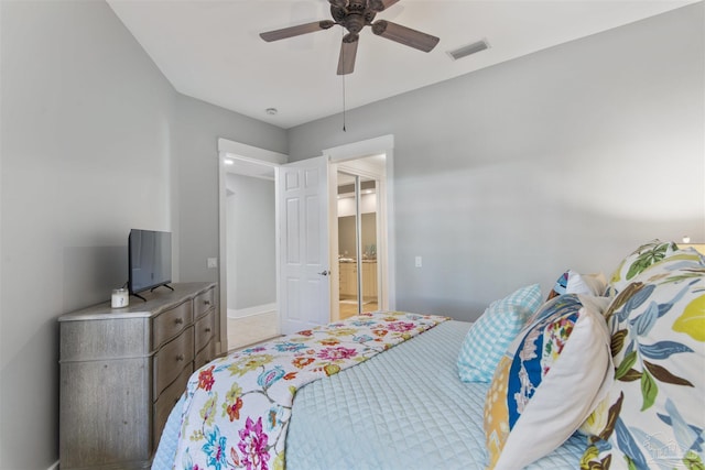 bedroom featuring visible vents and a ceiling fan