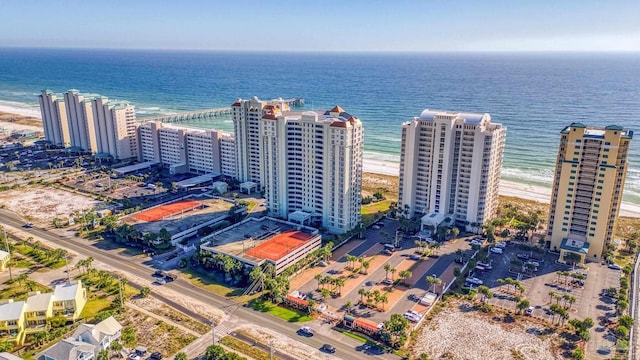 bird's eye view with a water view and a beach view