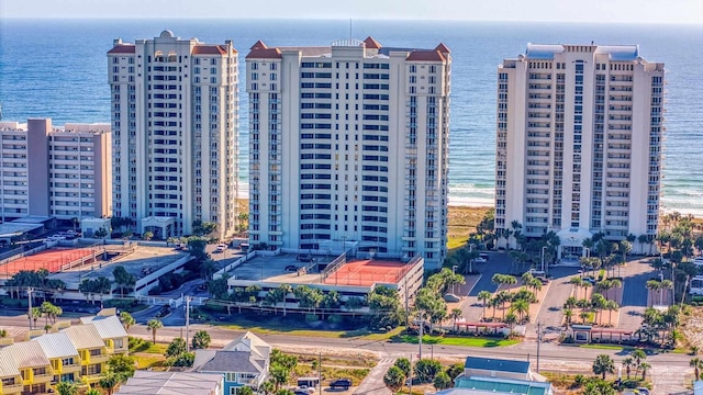 bird's eye view with a water view