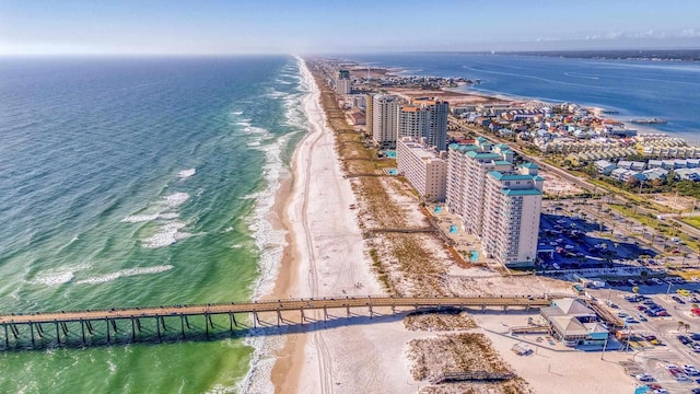 aerial view with a water view and a beach view