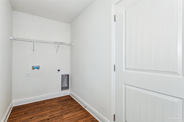 laundry room featuring laundry area, washer hookup, baseboards, dark wood-style floors, and electric dryer hookup