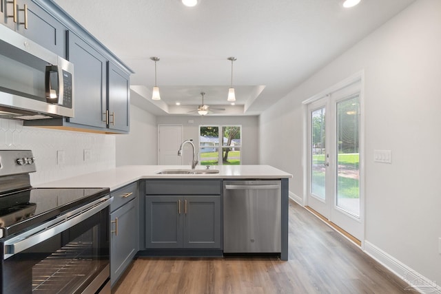 kitchen with kitchen peninsula, stainless steel appliances, hardwood / wood-style floors, and a raised ceiling