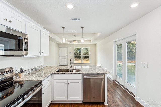 kitchen with visible vents, appliances with stainless steel finishes, a peninsula, a tray ceiling, and a sink