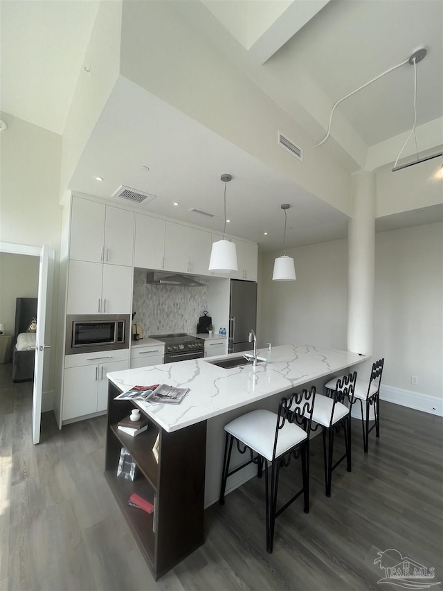 kitchen with visible vents, backsplash, appliances with stainless steel finishes, white cabinetry, and a sink