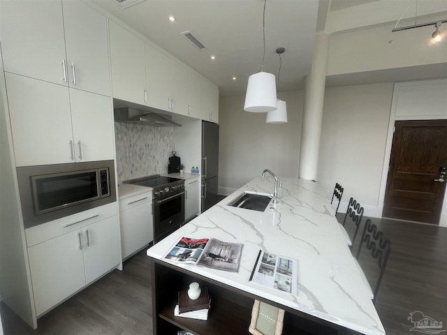 kitchen featuring under cabinet range hood, a sink, visible vents, electric range oven, and stainless steel microwave