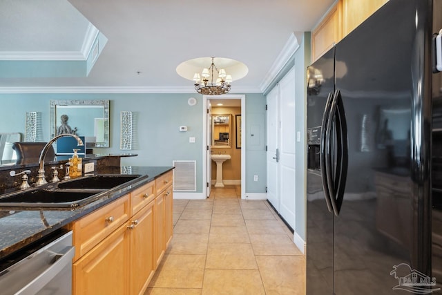 4 Portofino Dr Unit 803, Pensacola Beach, FL 32561 - kitchen featuring black fridge with ice dispenser, dishwasher, a sink, crown molding, and a chandelier