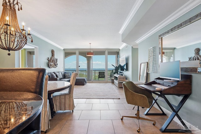 4 Portofino Dr Unit 803, Pensacola Beach, FL 32561 - tiled living room featuring crown molding and a chandelier
