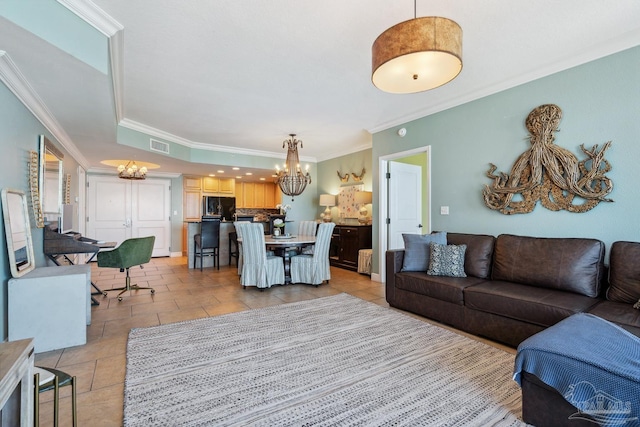 4 Portofino Dr Unit 803, Pensacola Beach, FL 32561 - living area with a chandelier, crown molding, light tile patterned floors, and a tray ceiling