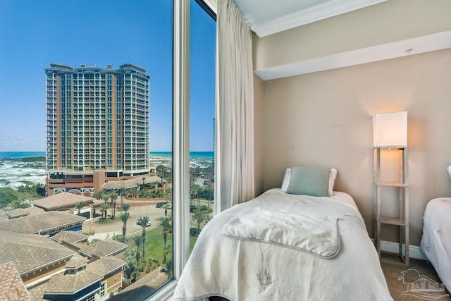 4 Portofino Dr Unit 803, Pensacola Beach, FL 32561 - bedroom with a water view, crown molding, and baseboards