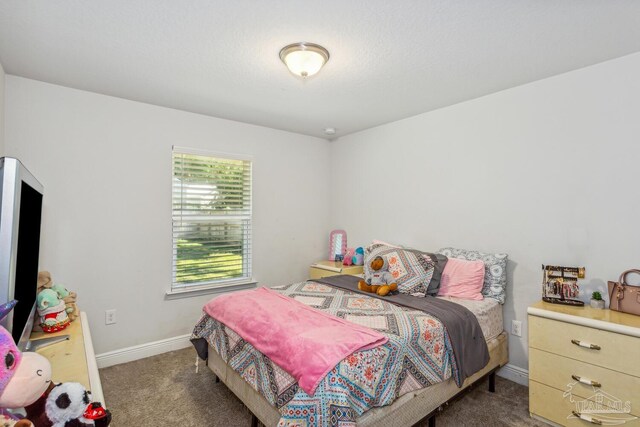 bedroom with dark colored carpet