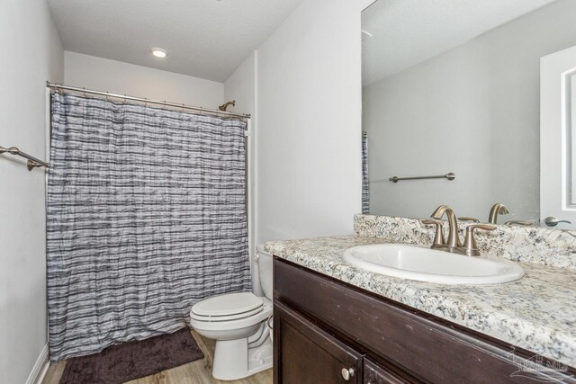 bathroom featuring hardwood / wood-style floors, curtained shower, vanity, and toilet