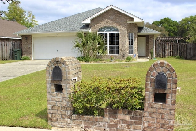 view of front of home with driveway, roof with shingles, brick siding, and a garage