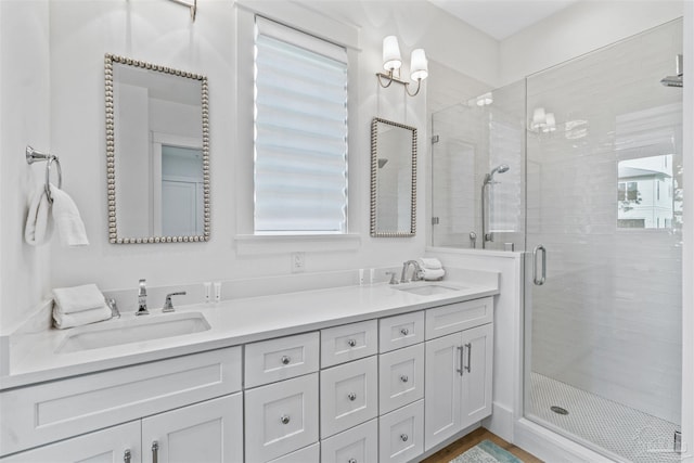 bathroom with vanity and a shower with shower door