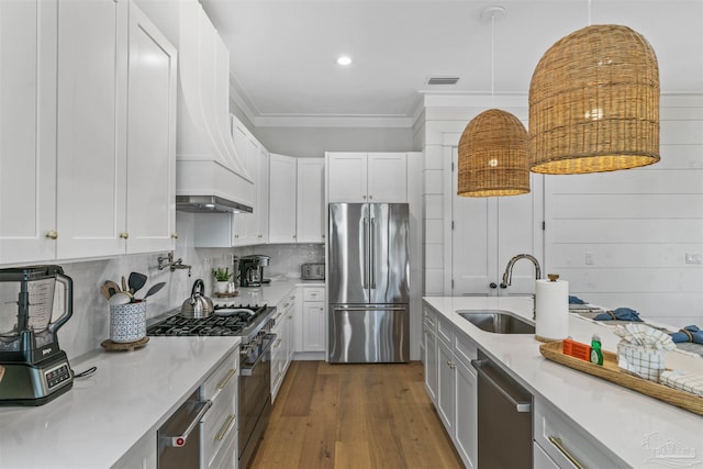 kitchen featuring white cabinetry, dark hardwood / wood-style floors, custom range hood, and appliances with stainless steel finishes