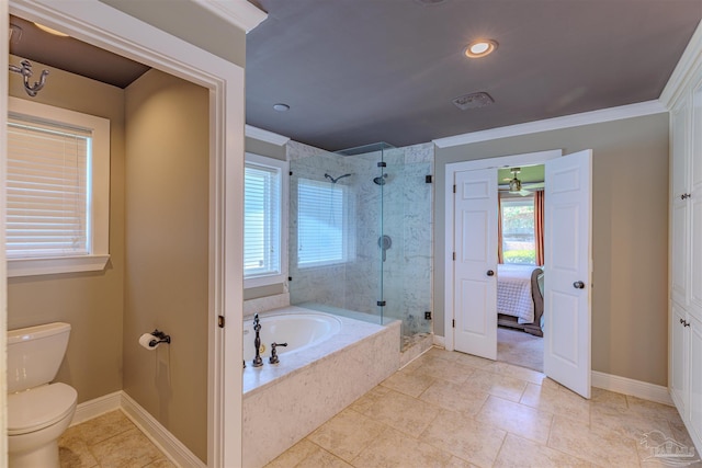 334 Andrew Jackson Trl, Gulf Breeze, FL 32561 - bathroom with a garden tub, a shower stall, ornamental molding, toilet, and baseboards