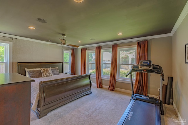 334 Andrew Jackson Trl, Gulf Breeze, FL 32561 - bedroom featuring ornamental molding, baseboards, light colored carpet, recessed lighting, and a ceiling fan