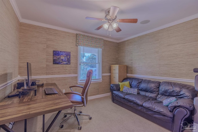 334 Andrew Jackson Trl, Gulf Breeze, FL 32561 - office space featuring wallpapered walls, ornamental molding, carpet flooring, a ceiling fan, and baseboards