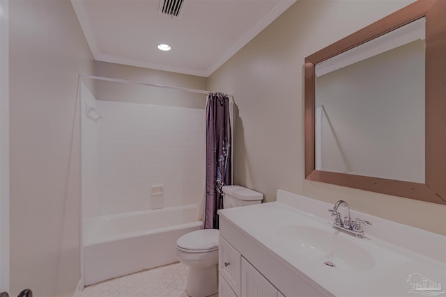 334 Andrew Jackson Trl, Gulf Breeze, FL 32561 - bathroom with toilet, vanity, shower / bath combo with shower curtain, crown molding, and tile patterned floors