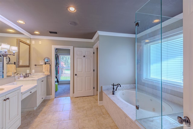 334 Andrew Jackson Trl, Gulf Breeze, FL 32561 - bathroom with vanity, crown molding, a garden tub, recessed lighting, and baseboards