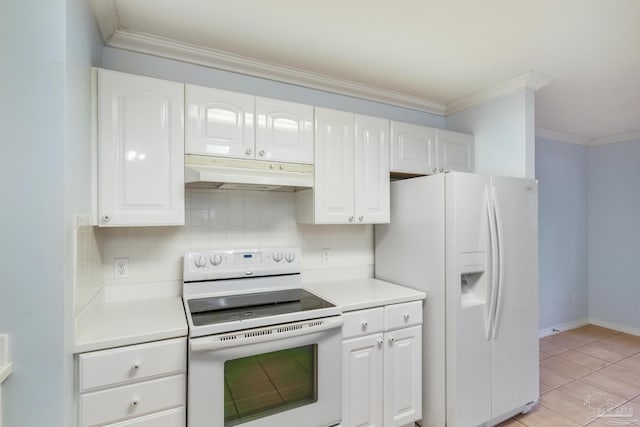 kitchen with white cabinets, white appliances, and backsplash