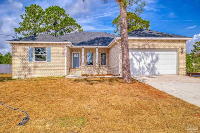 ranch-style house featuring brick siding, roof with shingles, an attached garage, driveway, and a front lawn