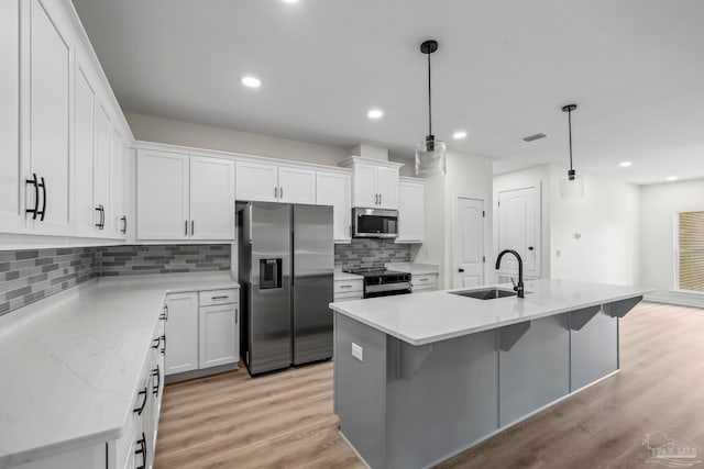 kitchen with appliances with stainless steel finishes, sink, decorative light fixtures, white cabinets, and a center island with sink