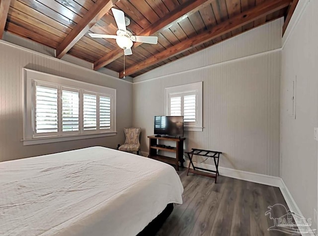 bedroom featuring multiple windows, wooden ceiling, ceiling fan, and hardwood / wood-style floors