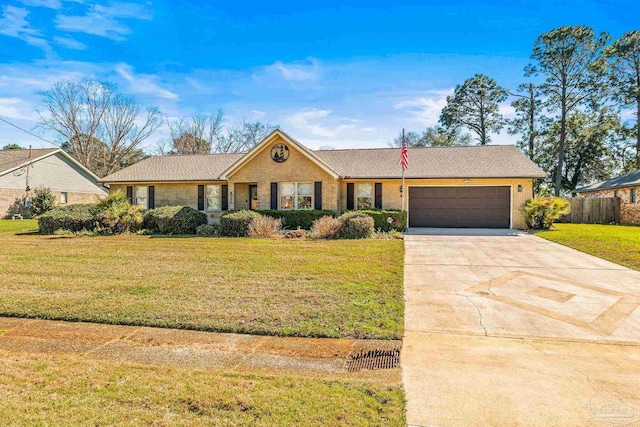 ranch-style home with a front lawn and a garage