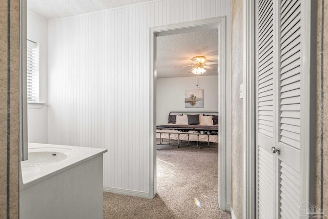 hallway with a textured ceiling, sink, and carpet flooring