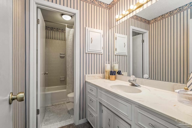 full bathroom with vanity, toilet, and shower / bath combination with curtain