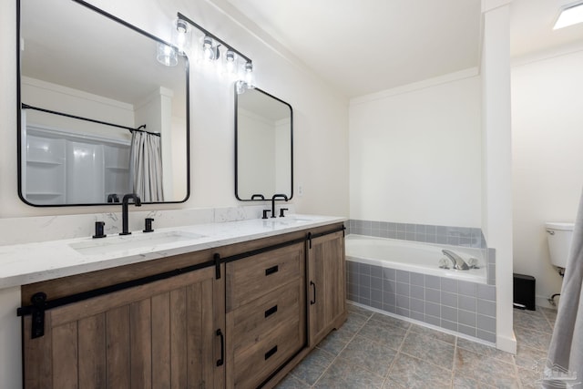 bathroom with toilet, a relaxing tiled tub, and vanity