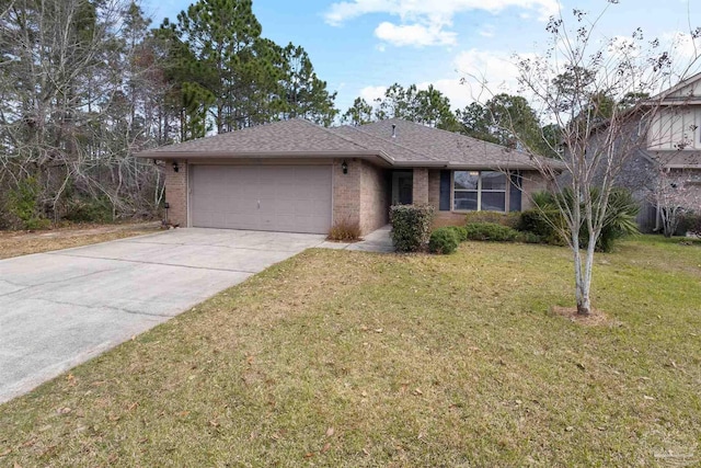 ranch-style house featuring brick siding, roof with shingles, a front yard, a garage, and driveway