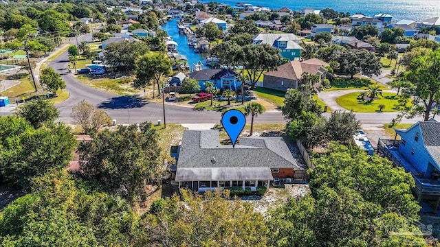 drone / aerial view featuring a water view