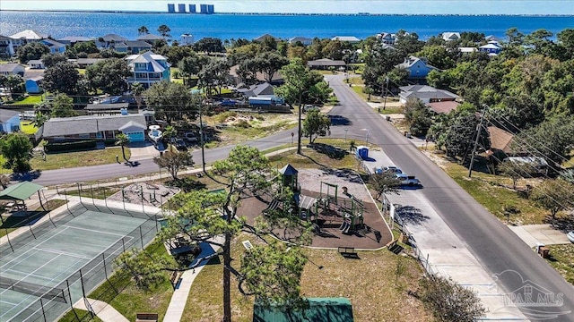 drone / aerial view featuring a water view