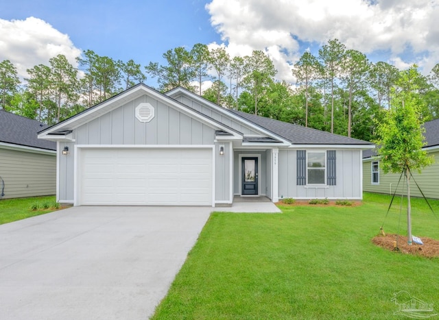 single story home with roof with shingles, driveway, a garage, a front yard, and board and batten siding