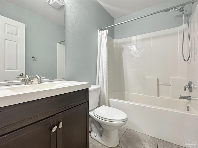 full bathroom with tile patterned flooring, vanity, shower / bathtub combination with curtain, and toilet