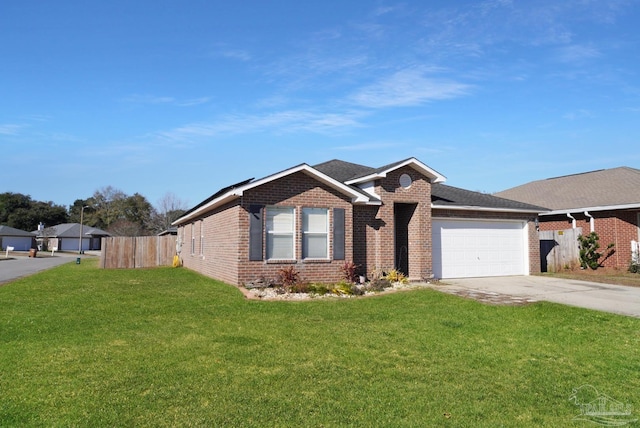 single story home featuring a garage and a front yard