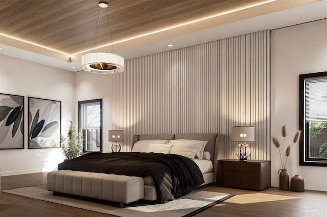 bedroom with light hardwood / wood-style flooring, wooden ceiling, multiple windows, and a tray ceiling