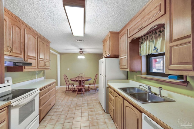 kitchen featuring ceiling fan, sink, and white appliances