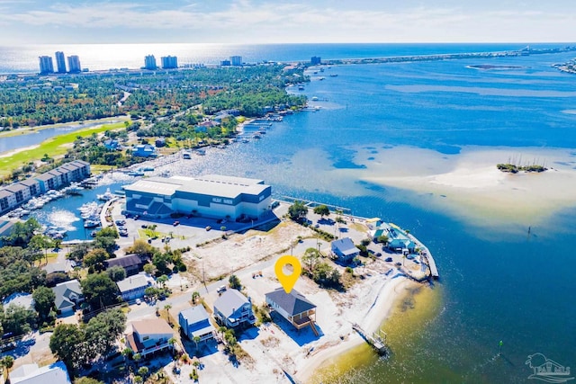 drone / aerial view with a water view