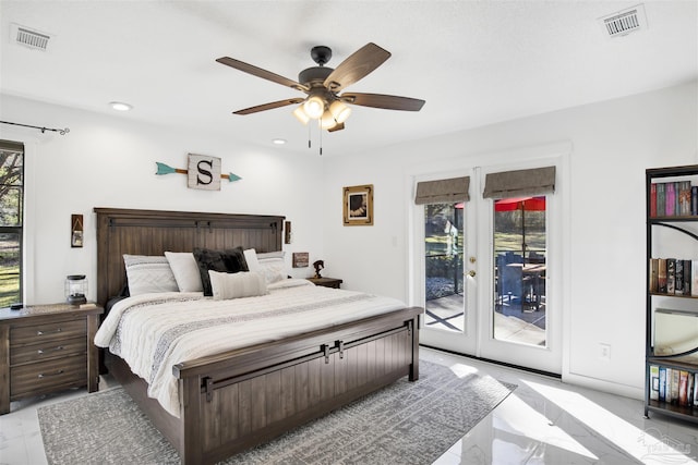 bedroom featuring marble finish floor, access to outside, visible vents, and french doors